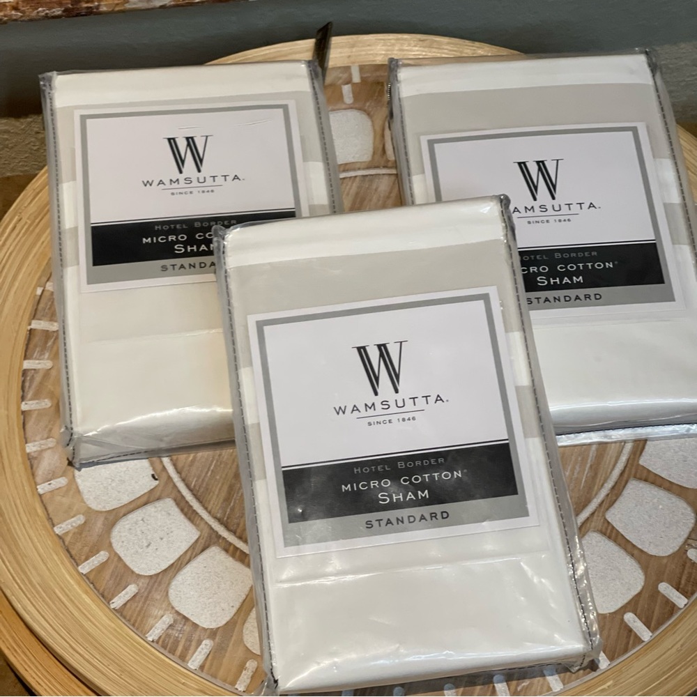 Wamsutta 3 standard shams hotel border wht/silver taupe
